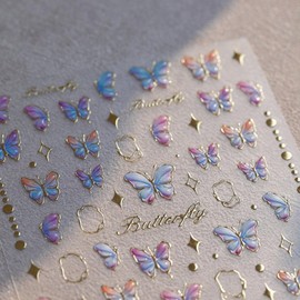 5D Embossed Butterfly Nails Stickers Gradient Color Butterfly Nail Decals Shiny Gold Edge Butterflies Nail Art Stickers Spring Summer Self Adhesive Nail Art Accessories for Women DIY Nails Decor
