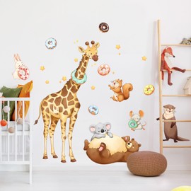 Wandaufkleber mit Dschungeltieren, Motiv: Ringwurfspiel, Cartoon, Giraffe, Bär, Eichhörnchen, Kaninchen, Abziehen und Aufkleben, Wandkunst für Kinderzimmer, Wohnzimmer, Kinderzimmer, Spielzimmer,