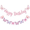 Butterfly Happy Birthday Banner,Pink Butterfly Birthday Banner for Women,Happy Birthday