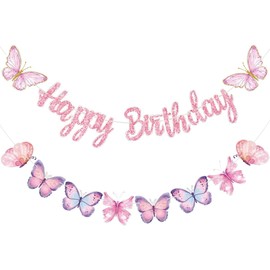 Butterfly Happy Birthday Banner,Pink Butterfly Birthday Banner for Women,Happy Birthday Banners Butterfly Birthday Party Decorations,Butterfly Birthday Banner Birthday Party Decorations for Women