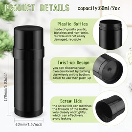glasstore 15 Pcs Plastic Empty Deodorant Containers Twist-up DIY Deodorant Tubes Top Filling Refillable Lip Balm Tubes For Deodorant Lip Balm Lotion Sticks etc (black, 60ml/2oz)