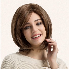 HERCHR Women's Short Wig, Short Brown Straight Synthetic Hair, Heat Resistant, Shoulder Length Highlight Bob Hair Wig with Side Fringe for Women and Girls