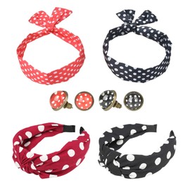 Knot Headband Cute Polka Dot Hair Band Twisted Hair Bands and Women Stud Earrings for Girls and Women (Pack of 6), black/red