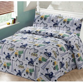 Better Home Style White Yellow Green Blue Construction Vehicles Kids/Boys Coverlet Bedspread Quilt Set with Pillowcases and Cement Mixer Cranes and Bulldozer Designs # Crane (Twin)