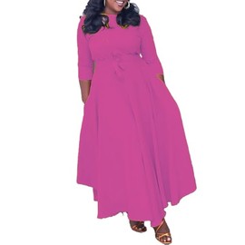 Baczoe Womens Plus Size Casual Maxi Dress 3/4 Sleeve Stretchy Outfits Tie Waist Asymmetrical African Attire (Pink, 3XL)