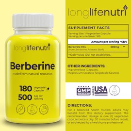 Berberine 500mg HCL Extract – from Berberis Aristata Vulgaris, 180 Vegetarian Capsules, Digestive Supplement for Overall Well-Being, 6-Month Supply, Non-GMO,1000mg per Serving, GMP Certified, USA Made