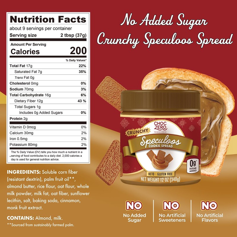 ChocZero Speculoos Cookie Butter Spread, Crunchy, No Added Sugar, Low
