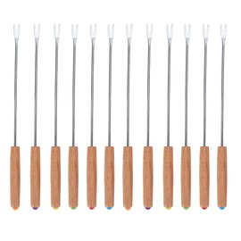 12-Piece Stainless Steel Barbecue Fork Skewer Set with Wooden Handle, Portable Stick Bread Sticks Roasting Sticks Kebab Skewers for BBQ, Camping Grill