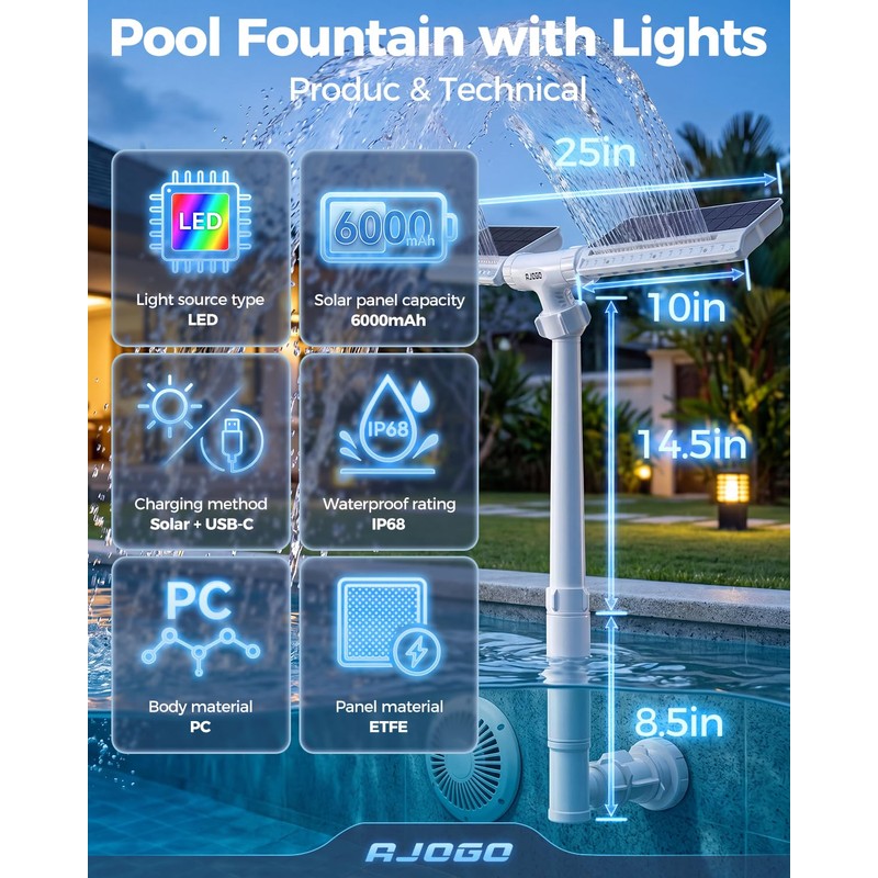 Solar Pool Fountain with Lights, Dual-Head Adjustable Spray, Timer