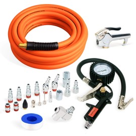 FYPower 22 Pieces Air Compressor Accessories kit, 3/8 inch x 25 ft Hybrid Air Compressor Hose Kit, 1/4" NPT Quick Connect Air Fittings, Tire Inflator Gauge, Heavy Duty Blow Gun, Swivel Plugs