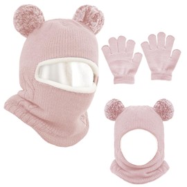 YFCJYBF Children's Winter Hat Scarf Gloves Set, Toddler Baby Scarf Hat Warm Cute Knitted Hat, Children 2 in 1 Velvet Lined Winter Hat, Suitable for 2-7 Years, pink