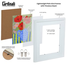 Cardinali Plein Air, White 16x20 Picture Frame with Acrylic Glazing & Cardboard Backing, for Photography or Canvas Frame, 3 Wide Moulding, 1/2 Rabbet Depth, D-Ring Hangers Included