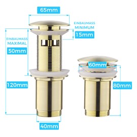 Keymark Universal Drain Fitting with Overflow Brushed Gold - Keymark Universal Drain Valve Drain Fitting for Sink & Washbasin - Brass Pop Up Drain Plug