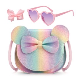 LJCTULY Kids Purse for Girls - Little Mouse Ear Bow Crossbody Bag - Cute Purse for Toddler Aged 2-8 - Girls Wallet Birthday Gift Set (Rainbow)