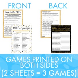 DISTINCTIVS Birthday Party Games - Born in The 1920s Black and Gold Birthday Game Bundle - 95th or 100th Birthday - Set of 3 Games for 20 Guests