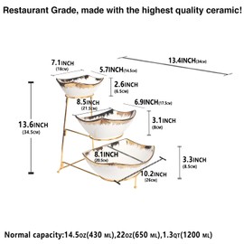 LIUYWYHCF 3-Tier Serving Rack with Ceramic Serving Bowls, Foldable Gold Stand with 3 Pieces Gold Rim Large 7.1"/8.5"/10.2" Bowls Bowl for Food Display, Fruit, Dessert Server Display and Entertaining