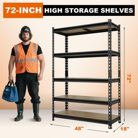 BIG RED Storage Shelving Unit, 5-Tier Adjustable, Heavy Duty Metal Garage Shelves/Utility Rack for Kitchen, Pantry, Basement, Bathroom, Laundry - 2,000 lbs Capacity, Black, 72" H x 48" W x 18" D