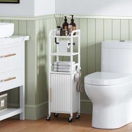 MAHANCRIS Small Bathroom Storage Cabinet, Narrow Toilet Paper Cabinet with Wheels, Corner Floor Cabinets with Door and Shelves, Bathroom Storage Organizer with Adjustable Shelf, White