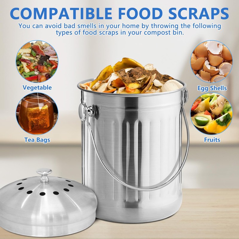 ENLOY Compost Bin for Kitchen Countertop, 1.3 Gallon Stainless Steel