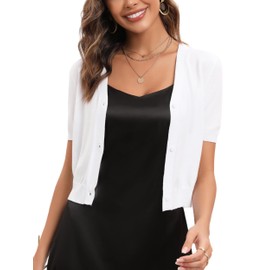 Enjyam Women's Short Sleeve Knit Cardigan,Lightweight Summer Shrug,Cropped Button Down Jacket,Wedding Bolero-Short Sleeve-White/S