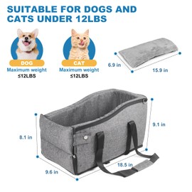 Center Console Dog Car Seat for Small Dogs Up to 12lbs, Detachable Armrest Pet Car Seat, Portable Middle Console Dog Booster Cars Seats with Adjustable Straps & Storage Pocket (Dark Grey)