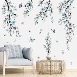 wondever Watercolor Flower Vine Wall Stickers Blue Hanging Floral Tree Branch Wall Art Decals for Living Room Bedroom TV Wall