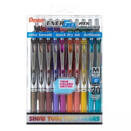 ENERGEL Pentel EnerGel RTX True Colors United (0.7mm) Medium Line, Assorted Ink, 20 P...