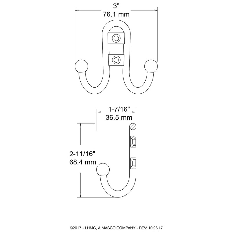 Liberty Hardware B46115Z-SN-C Double Prong Robe Hook with Ball End,