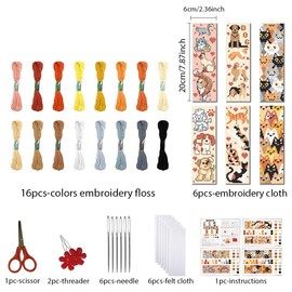 FREEBLOSS 6 Set Cross Stitch Bookmark Kit Stamped Cross Stitch Kit for Beginners Embroidery Set with Instruction for Adults Cute Cats and Dogs 8"*2.4"