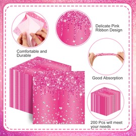 Janlaugh 200 Pcs Birthday Napkin for Glitter Diamonds Happy Birthday Party Supplies Paper Beverage Napkins for Birthday Wedding Bridal Shower Party Favors(13 x 13 Inch,Hot Pink)