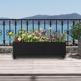 AIIT Rattan Garden Raised Bed with Liner - Outdoor Wicker Planter Box with 4 Lockable Wheels for Garden Patio Balcony Backyard Indoor, Black