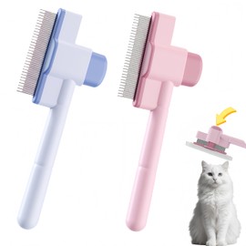 Pet Comb for Dog&Cat,Pet Hair Removal Comb Flea Comb with Long and Short Stainless Steel Metal Tooth Pet Combs to Groom Hair and Knots, Self-Cleaning, Comfortable and Safe (Pink & Blue-2PCS)