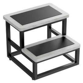 SZLHANJZ Step Stools, Heavy Duty Stepping Stool for Kids Adults, Non-Slip Metal and Wooden 2 Steps Foot Stool for High Beds and Kitchen, Round Corner, 500 Lbs Capacity, Cement Gray