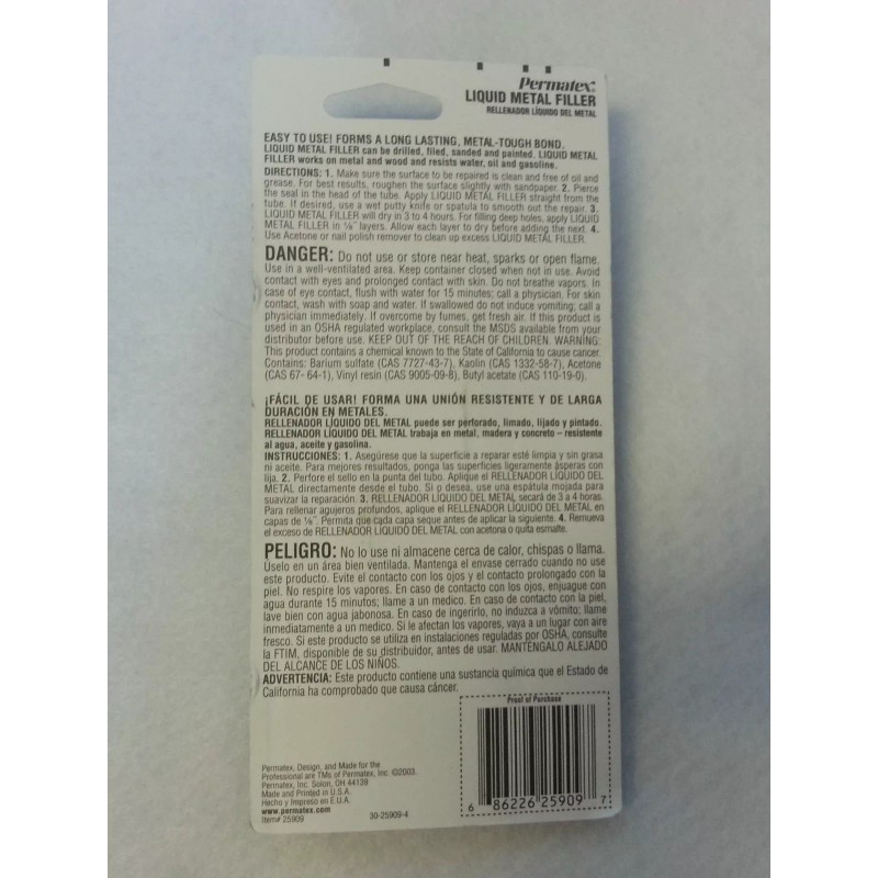 Permatex 25909 - Liquid Metal Filler - 3.5oz Tube/pack