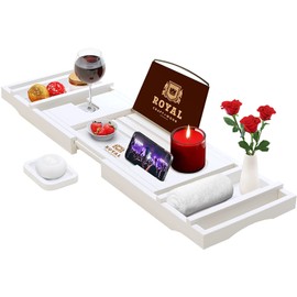 ROYAL CRAFT WOOD Luxury Bathtub Caddy Tray, 1 or 2 Person Bath and Bed Tray, Bath Tub Table Caddy with Extending Sides, Adjustable Organizer Tray for Bathroom - Free Soap Dish (White)
