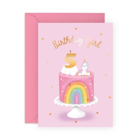 Central 23 Fifth Birthday Card for Girls - Happy 5th Birthday Card - Age 5 - Five Year Old - Rainbow Cloud and Unicorn Card for Kids - Daughter - Granddaughter - Comes With Fun Stickers