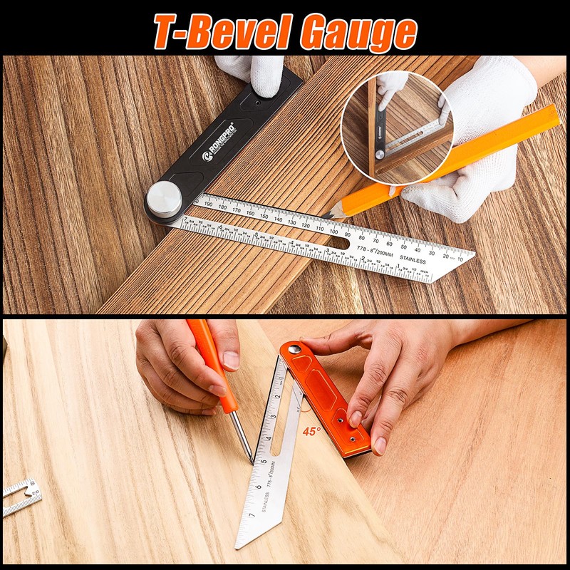 RONGPRO 4Pcs Woodworking Tools -7''Aluminum Rafter Square,12''Adjustable Protractor Angle Finder,10'Woodworking