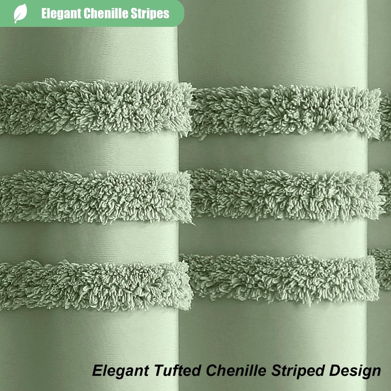 Dynamene Sage Green Fabric Shower Curtain, Tufted Chenille Striped Textured