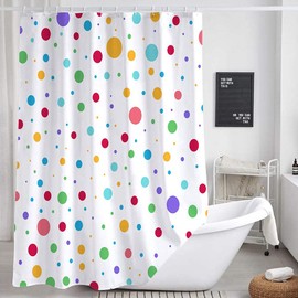 Cortina de ducha para baño con diseño de arcoíris para niños, juego de cortinas de ducha de tela de lunares, color blanco, accesorios modernos de decoración de baño con ganchos (60 x 72 pulgadas)