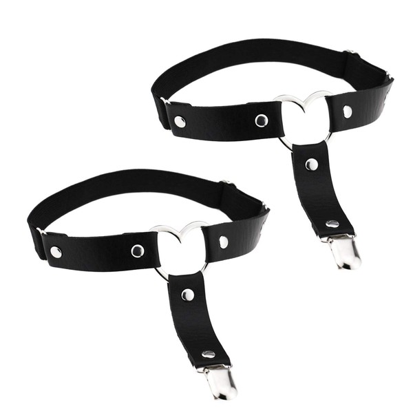 HRLORKC 2Pcs Black Leg Garter Belt Punk Leather Garter Belt Heart Thigh Garter with Elastice Adjustable (A)