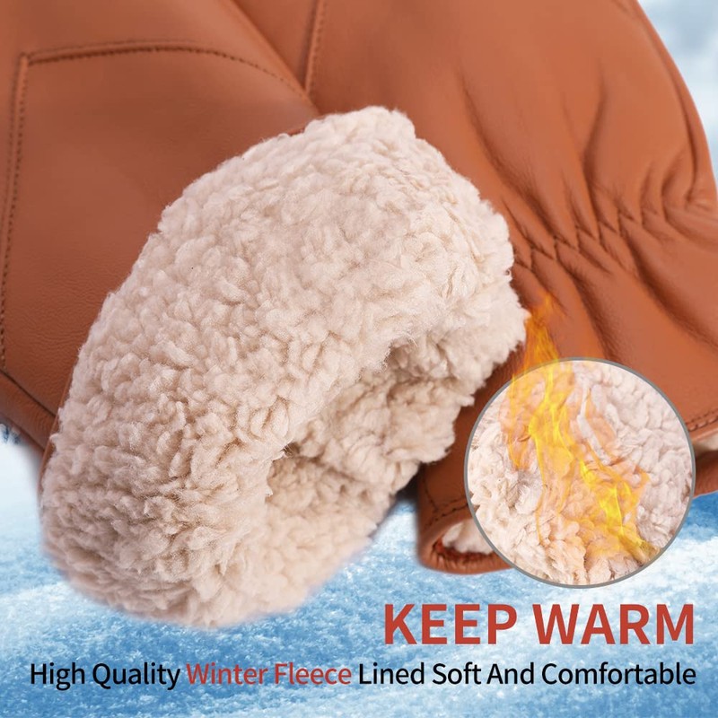 Mens Leather Mittens Soft Lambskin Warm Winter Fleece Lined by