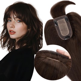 Elailite Real Hair Topper Brown Clip-In Toupee Women with Fringe, Clip-In Hairpiece, Hair Topper Base 7 x 13 cm, 35 cm, 44 g, #2 Dark Brown