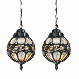 Zanritelit Spherical Outdoor Pendant Lights for Porch Hallway Garden Yard Farmhouse, 2 Pack Globe Black Outside Hanging Lanterns Fixture Exterior Dust Proof Chandelier Lamp with Adjustable Chain