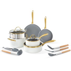 OUBRL ceramic cookware set,Healthy,Non Toxic,Pots and Pans Set non stick,14-Pcs Kitchen induction cooking Sets, nonstick Pot and Pan Set with silicione Utensils,PFOS/PFOA Free,Cream and Gold