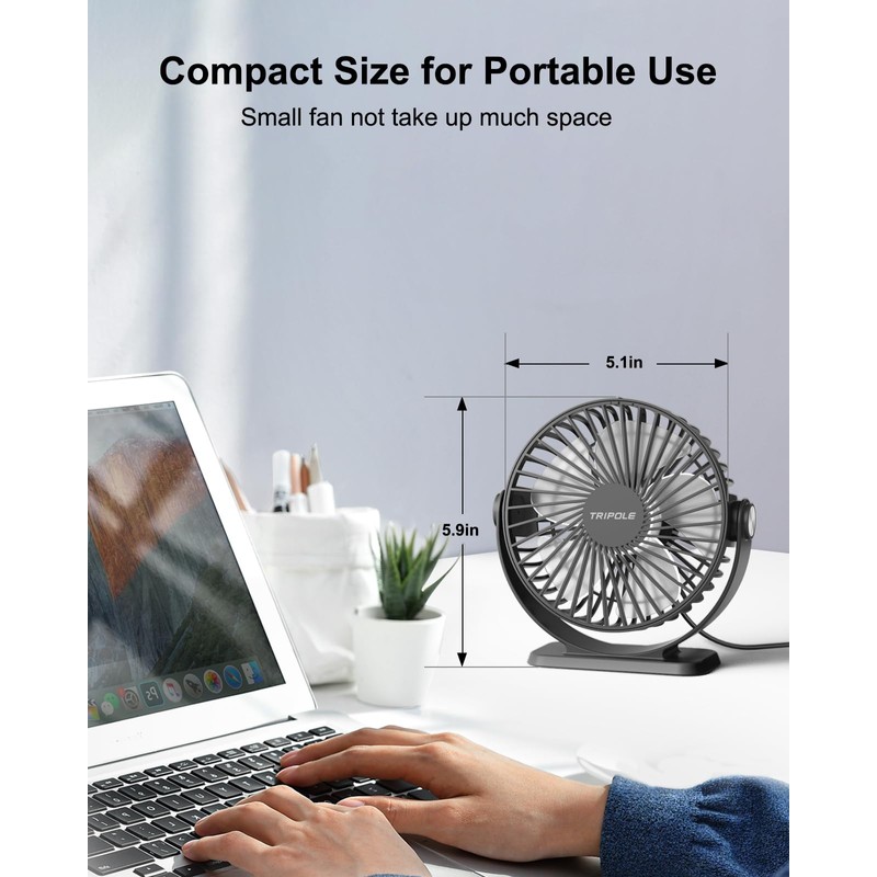 TriPole Small Desk Fan USB Powered Portable Fan 3 Speeds