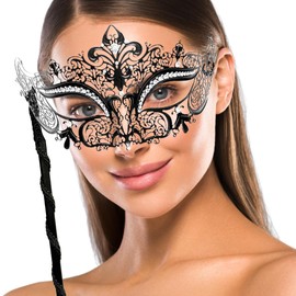 Masquerade Mask with Stick Mardi Gras Party Mask with Holding Stick Masquerade Ball Phantom of the Opera Mask (Luxury Black Mask)