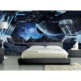 FLFK 3D Spaceship Interior View Wall Murals Peel and Stick Universe Outer Space Wallpaper for Kids Bedroom Living Room Decoration 141.7"x98.4" B4407