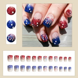 24Pcs Independence Day Press on Nails Short Square Fake Nails with Star Firework Designs Red Blue Glitter French Tip False Nails Bling Reusable Acrylic Nails 4th of July Stick on Nails for Women Girl