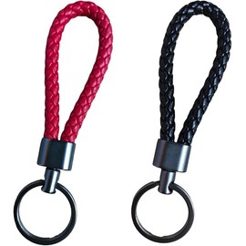 2 Piezas Llaveros de Cuero Trenzado para Coche, Cuero Coche Elegante Llavero Cuero Mujer y Hombre Accesorios de Piel Tejida para Moto y Coche (1 Rojos y 1 Negros)