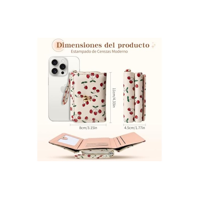 Cartera para Mujer Pequeña Bifold Compacta con Cremallera,Cereza